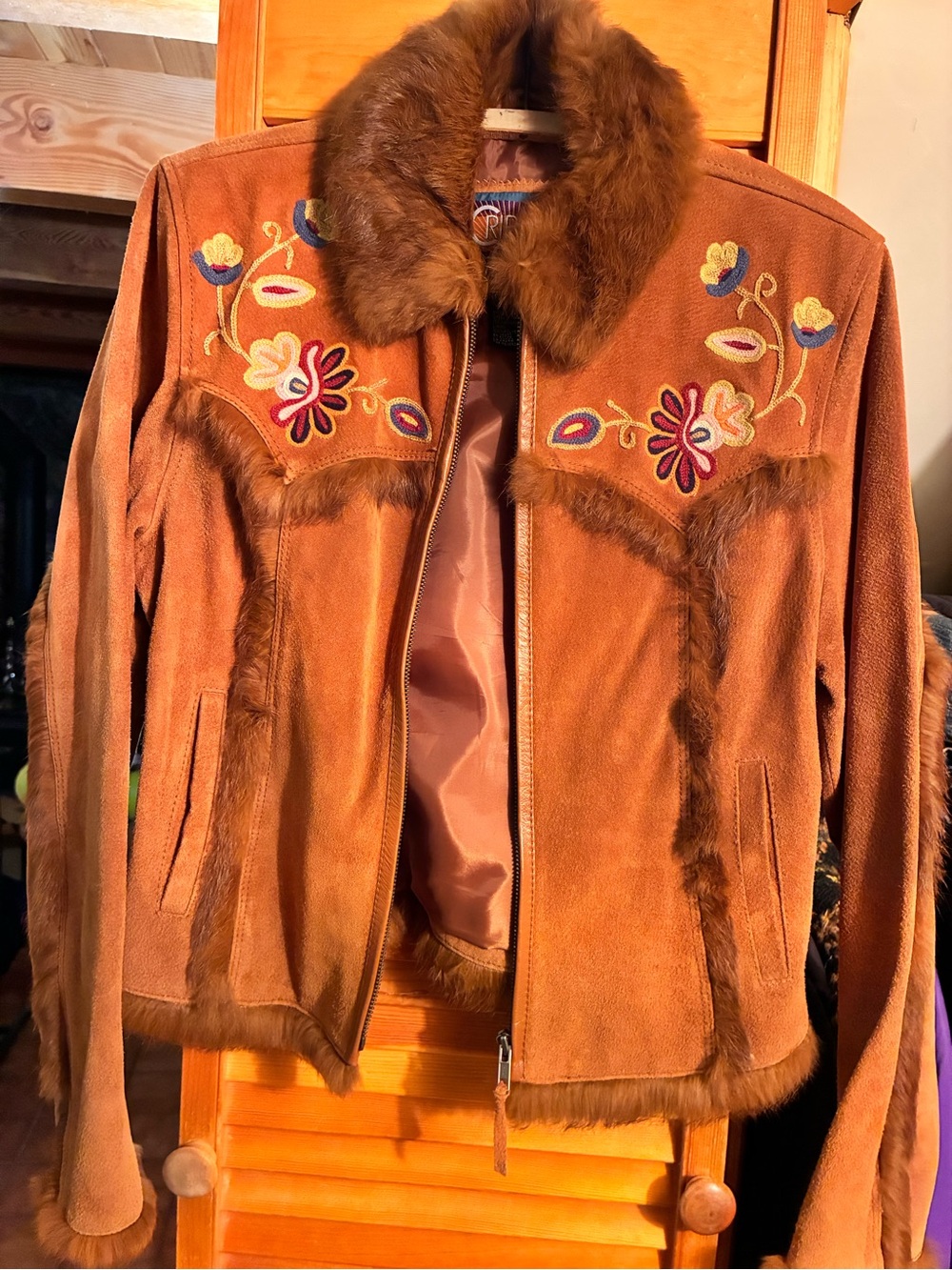 Women’s Brown Suede Embroidered Jacket with Fur Trim and collar